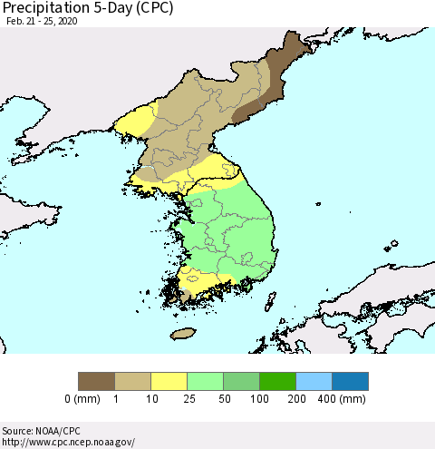 Korea Precipitation 5-Day (CPC) Thematic Map For 2/21/2020 - 2/25/2020