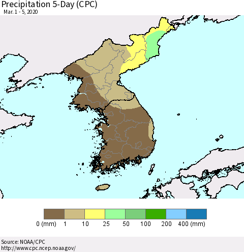 Korea Precipitation 5-Day (CPC) Thematic Map For 3/1/2020 - 3/5/2020