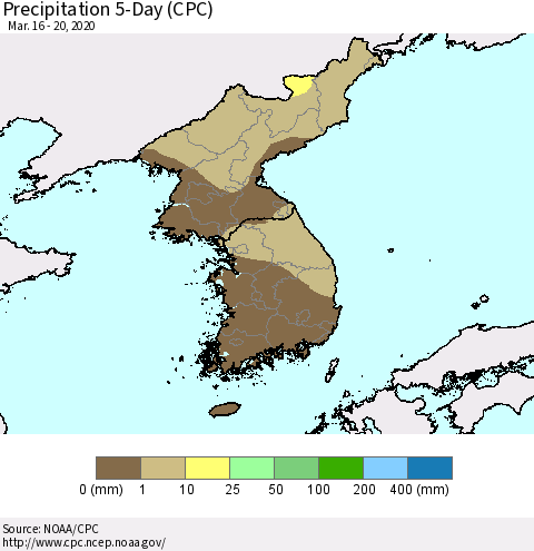 Korea Precipitation 5-Day (CPC) Thematic Map For 3/16/2020 - 3/20/2020
