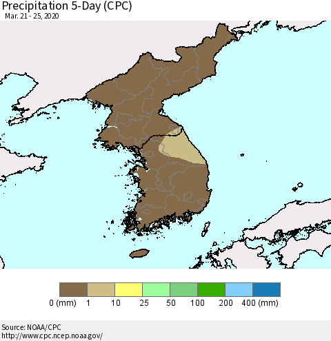 Korea Precipitation 5-Day (CPC) Thematic Map For 3/21/2020 - 3/25/2020