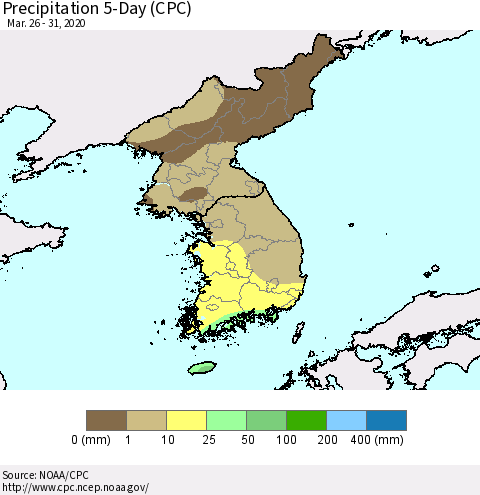 Korea Precipitation 5-Day (CPC) Thematic Map For 3/26/2020 - 3/31/2020