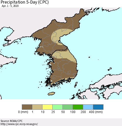 Korea Precipitation 5-Day (CPC) Thematic Map For 4/1/2020 - 4/5/2020