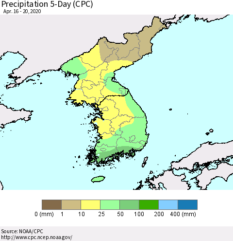 Korea Precipitation 5-Day (CPC) Thematic Map For 4/16/2020 - 4/20/2020