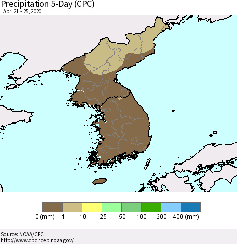 Korea Precipitation 5-Day (CPC) Thematic Map For 4/21/2020 - 4/25/2020