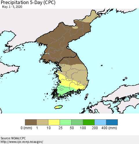 Korea Precipitation 5-Day (CPC) Thematic Map For 5/1/2020 - 5/5/2020