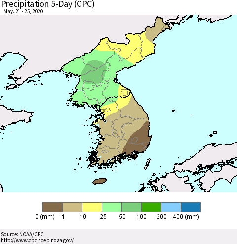 Korea Precipitation 5-Day (CPC) Thematic Map For 5/21/2020 - 5/25/2020