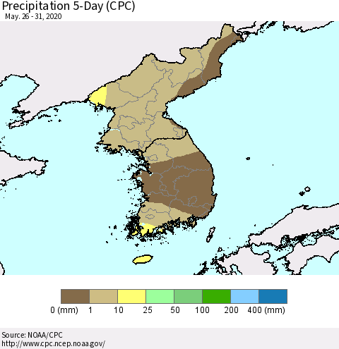Korea Precipitation 5-Day (CPC) Thematic Map For 5/26/2020 - 5/31/2020