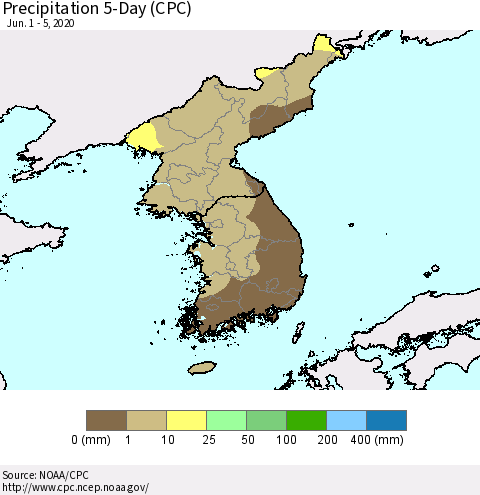 Korea Precipitation 5-Day (CPC) Thematic Map For 6/1/2020 - 6/5/2020