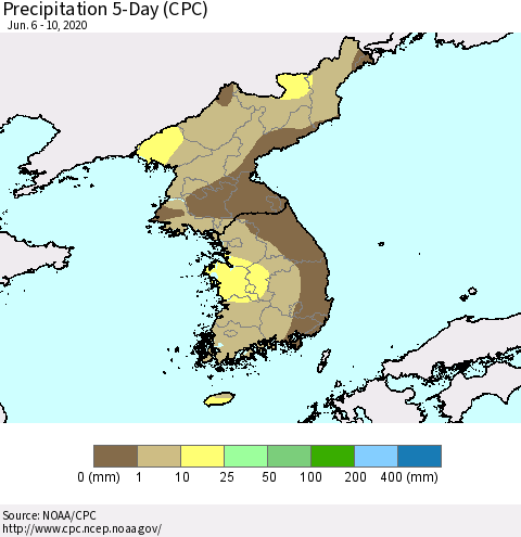 Korea Precipitation 5-Day (CPC) Thematic Map For 6/6/2020 - 6/10/2020