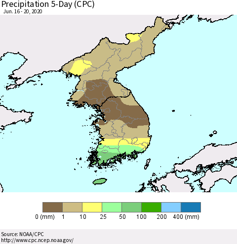 Korea Precipitation 5-Day (CPC) Thematic Map For 6/16/2020 - 6/20/2020