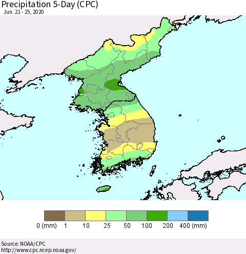 Korea Precipitation 5-Day (CPC) Thematic Map For 6/21/2020 - 6/25/2020
