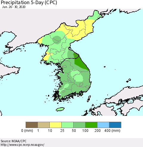 Korea Precipitation 5-Day (CPC) Thematic Map For 6/26/2020 - 6/30/2020