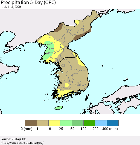 Korea Precipitation 5-Day (CPC) Thematic Map For 7/1/2020 - 7/5/2020