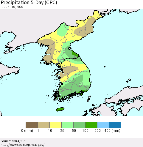 Korea Precipitation 5-Day (CPC) Thematic Map For 7/6/2020 - 7/10/2020