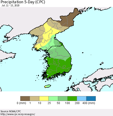 Korea Precipitation 5-Day (CPC) Thematic Map For 7/11/2020 - 7/15/2020