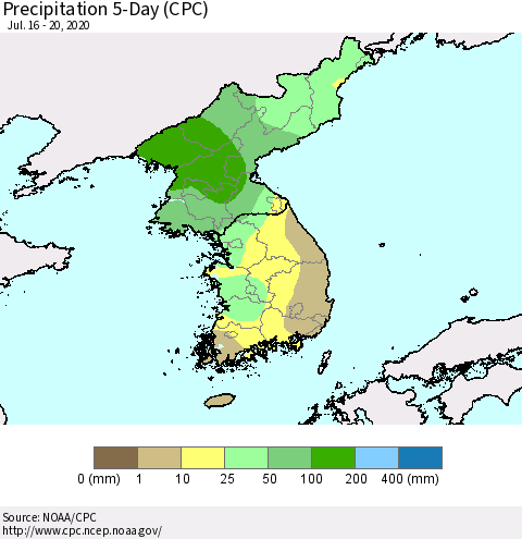 Korea Precipitation 5-Day (CPC) Thematic Map For 7/16/2020 - 7/20/2020