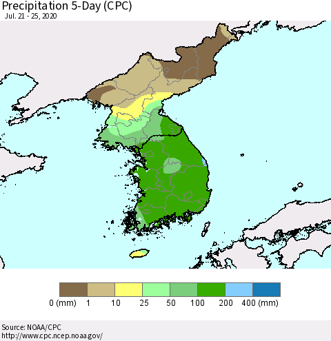 Korea Precipitation 5-Day (CPC) Thematic Map For 7/21/2020 - 7/25/2020