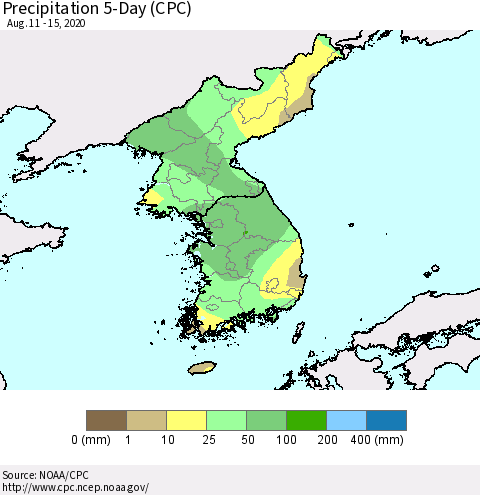 Korea Precipitation 5-Day (CPC) Thematic Map For 8/11/2020 - 8/15/2020