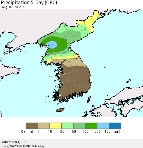 Korea Precipitation 5-Day (CPC) Thematic Map For 8/16/2020 - 8/20/2020