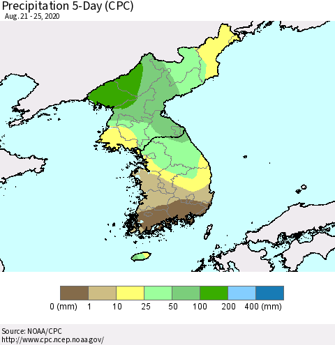 Korea Precipitation 5-Day (CPC) Thematic Map For 8/21/2020 - 8/25/2020