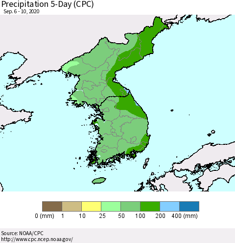 Korea Precipitation 5-Day (CPC) Thematic Map For 9/6/2020 - 9/10/2020
