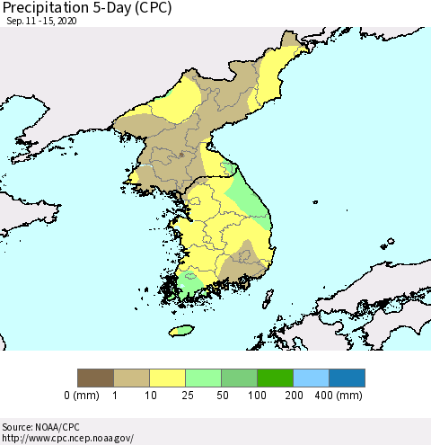 Korea Precipitation 5-Day (CPC) Thematic Map For 9/11/2020 - 9/15/2020