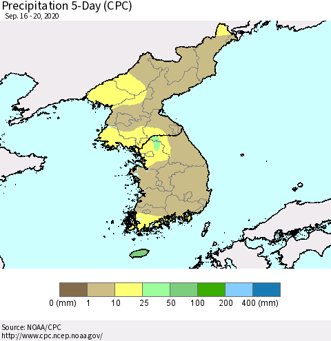 Korea Precipitation 5-Day (CPC) Thematic Map For 9/16/2020 - 9/20/2020