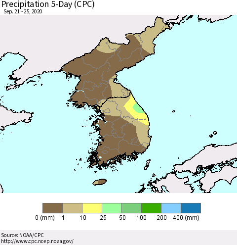 Korea Precipitation 5-Day (CPC) Thematic Map For 9/21/2020 - 9/25/2020