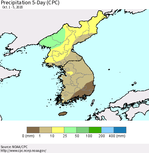 Korea Precipitation 5-Day (CPC) Thematic Map For 10/1/2020 - 10/5/2020