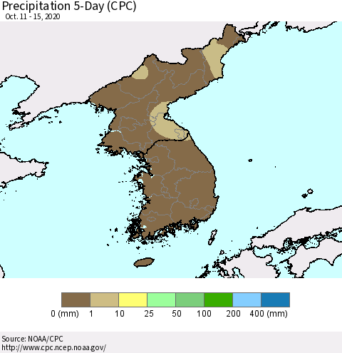 Korea Precipitation 5-Day (CPC) Thematic Map For 10/11/2020 - 10/15/2020