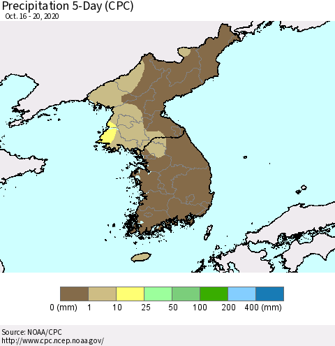 Korea Precipitation 5-Day (CPC) Thematic Map For 10/16/2020 - 10/20/2020