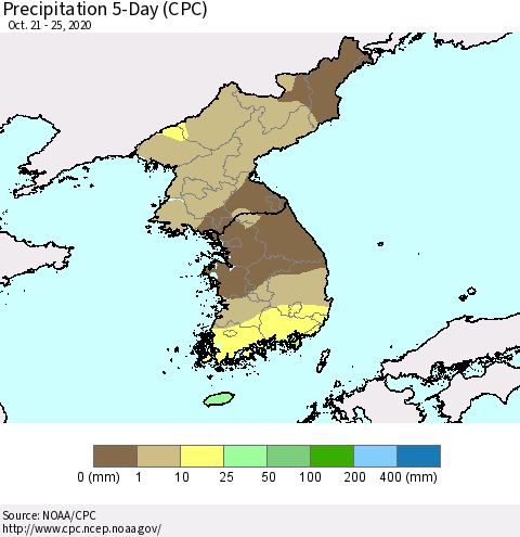 Korea Precipitation 5-Day (CPC) Thematic Map For 10/21/2020 - 10/25/2020