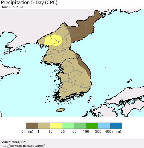 Korea Precipitation 5-Day (CPC) Thematic Map For 11/1/2020 - 11/5/2020