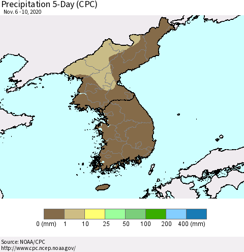 Korea Precipitation 5-Day (CPC) Thematic Map For 11/6/2020 - 11/10/2020