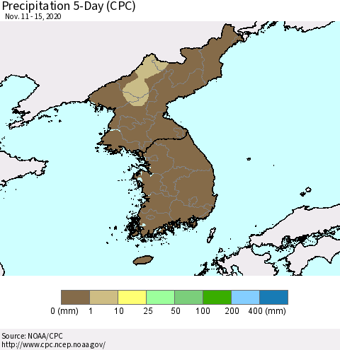 Korea Precipitation 5-Day (CPC) Thematic Map For 11/11/2020 - 11/15/2020