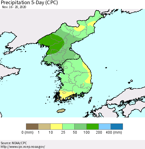 Korea Precipitation 5-Day (CPC) Thematic Map For 11/16/2020 - 11/20/2020