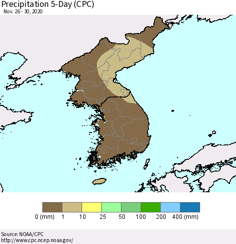 Korea Precipitation 5-Day (CPC) Thematic Map For 11/26/2020 - 11/30/2020