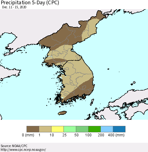 Korea Precipitation 5-Day (CPC) Thematic Map For 12/11/2020 - 12/15/2020