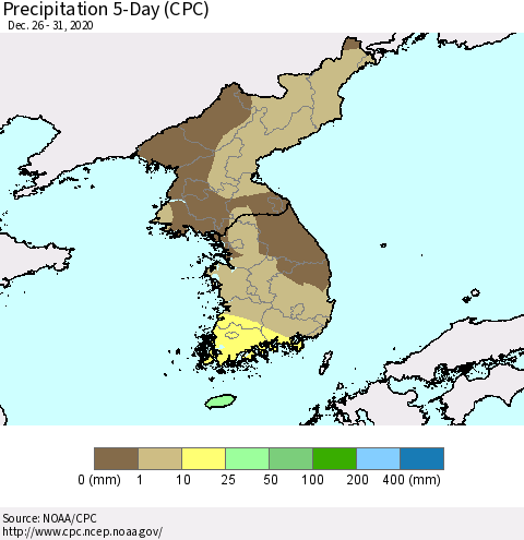 Korea Precipitation 5-Day (CPC) Thematic Map For 12/26/2020 - 12/31/2020