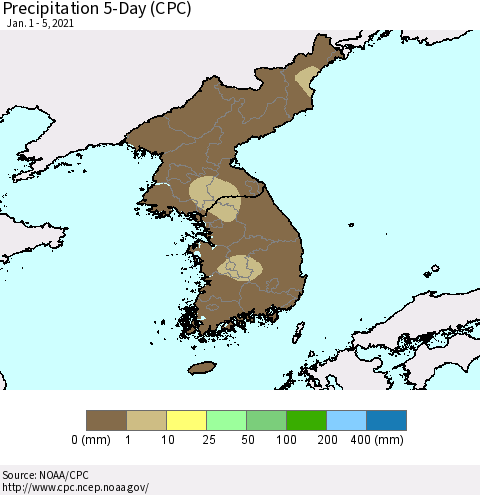Korea Precipitation 5-Day (CPC) Thematic Map For 1/1/2021 - 1/5/2021