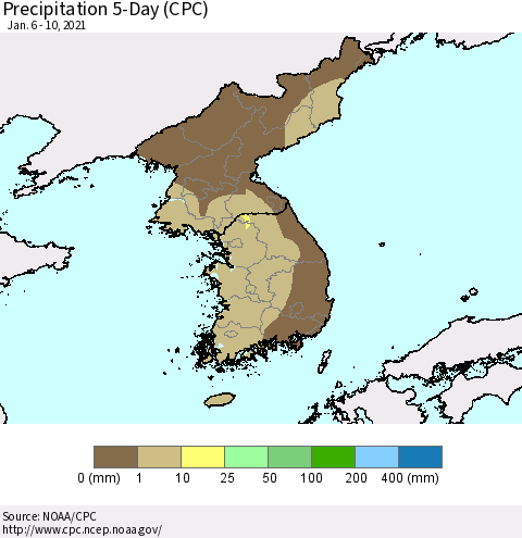 Korea Precipitation 5-Day (CPC) Thematic Map For 1/6/2021 - 1/10/2021
