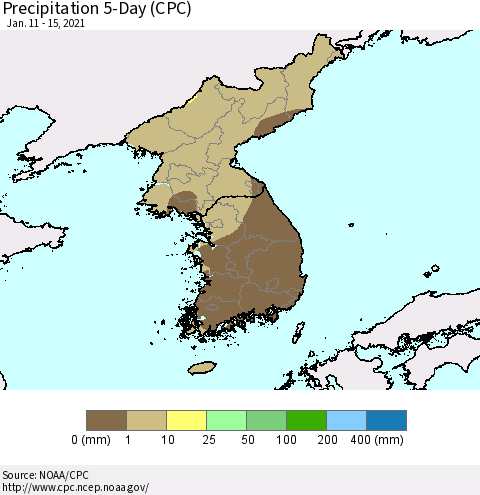 Korea Precipitation 5-Day (CPC) Thematic Map For 1/11/2021 - 1/15/2021
