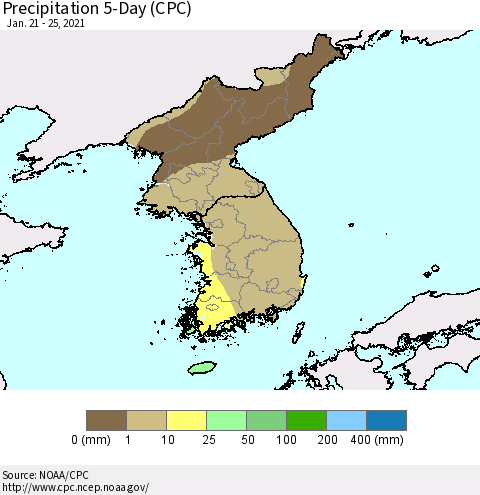 Korea Precipitation 5-Day (CPC) Thematic Map For 1/21/2021 - 1/25/2021