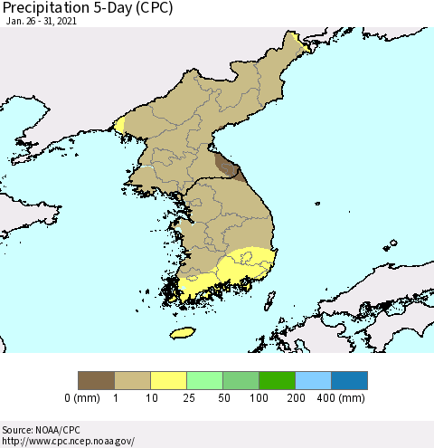 Korea Precipitation 5-Day (CPC) Thematic Map For 1/26/2021 - 1/31/2021