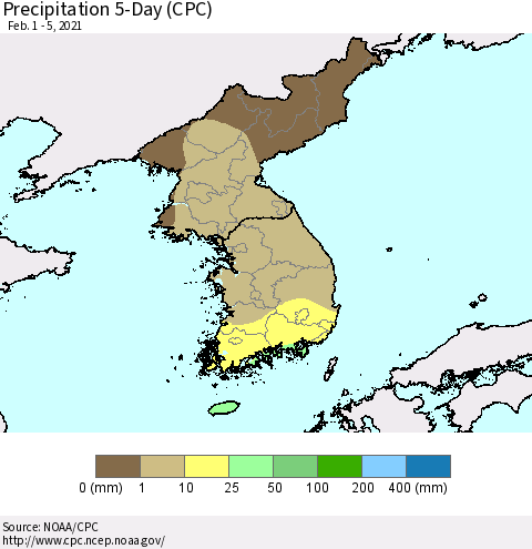 Korea Precipitation 5-Day (CPC) Thematic Map For 2/1/2021 - 2/5/2021