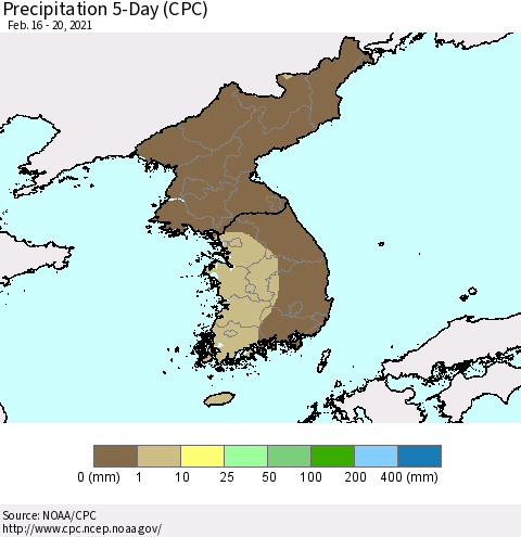 Korea Precipitation 5-Day (CPC) Thematic Map For 2/16/2021 - 2/20/2021