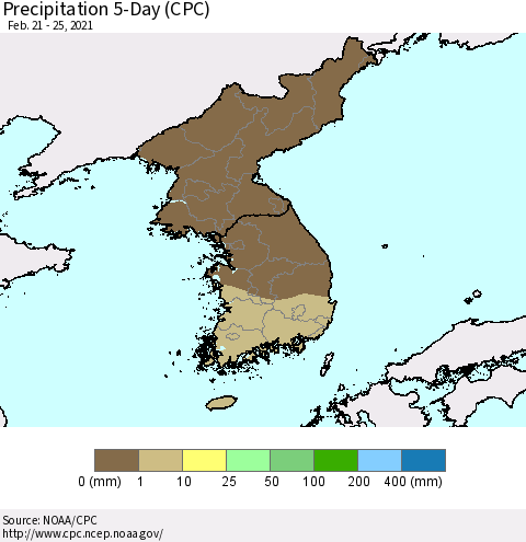 Korea Precipitation 5-Day (CPC) Thematic Map For 2/21/2021 - 2/25/2021
