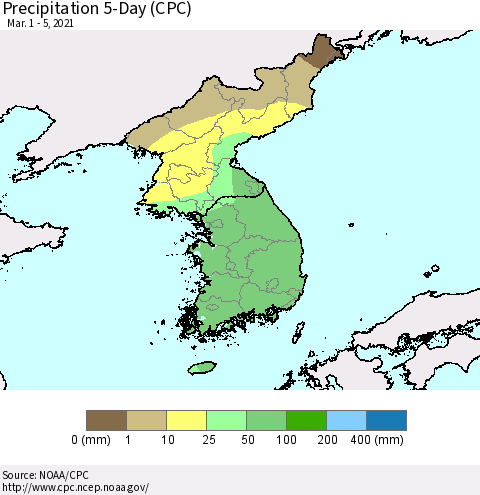 Korea Precipitation 5-Day (CPC) Thematic Map For 3/1/2021 - 3/5/2021