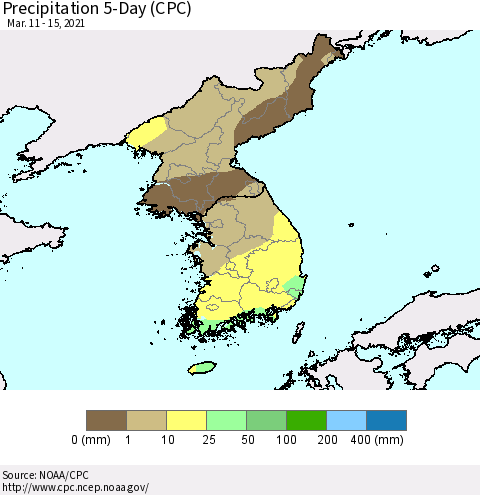 Korea Precipitation 5-Day (CPC) Thematic Map For 3/11/2021 - 3/15/2021