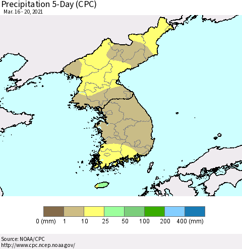 Korea Precipitation 5-Day (CPC) Thematic Map For 3/16/2021 - 3/20/2021